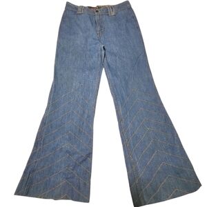70s Vintage Brittania Med Wash Yellow Stitch Hi-Rise Bell Bottom Jeans 32x29